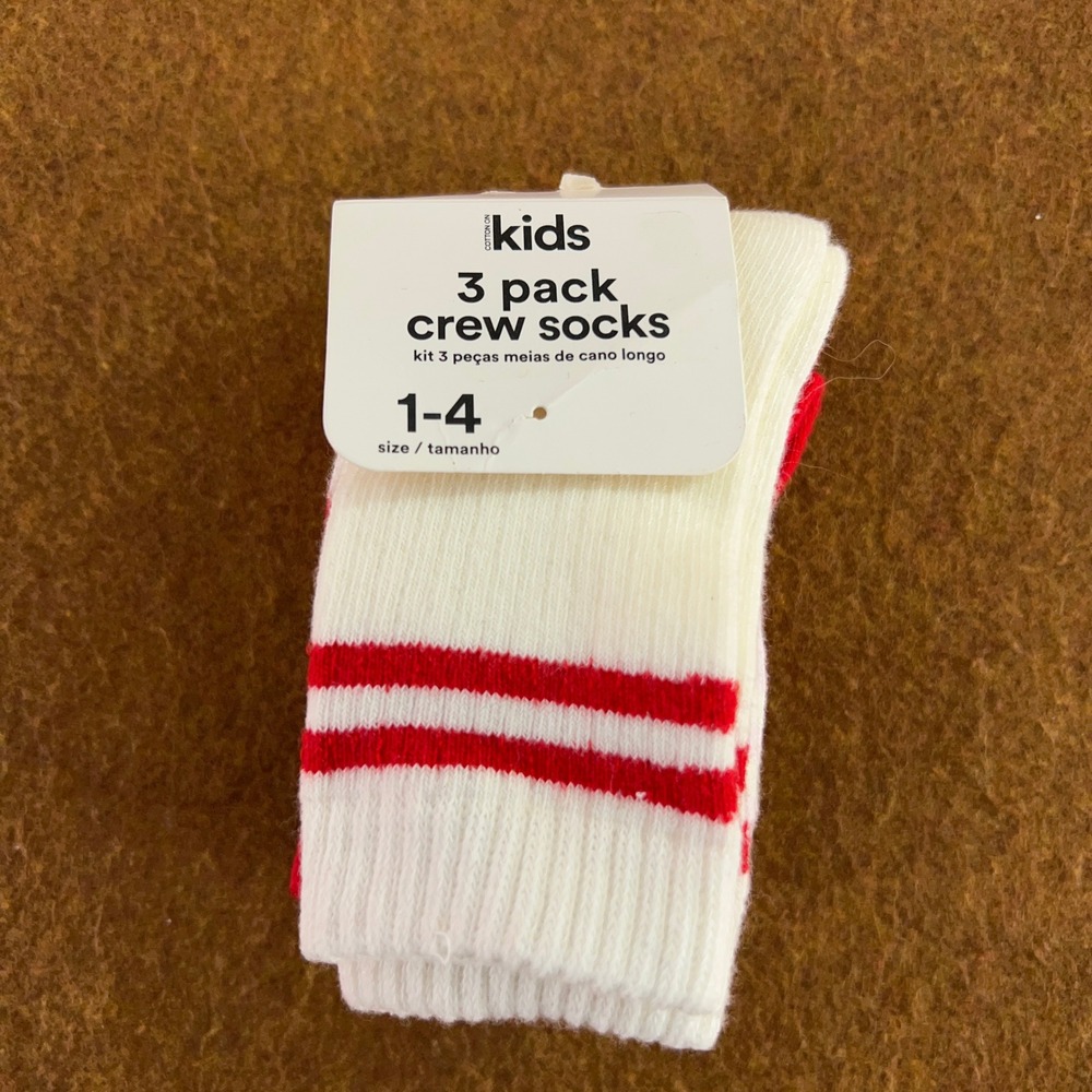 Cotton On Kids Size 2-5 Pink Red Varsity Stripe 3 Pack Crew Socks NWT